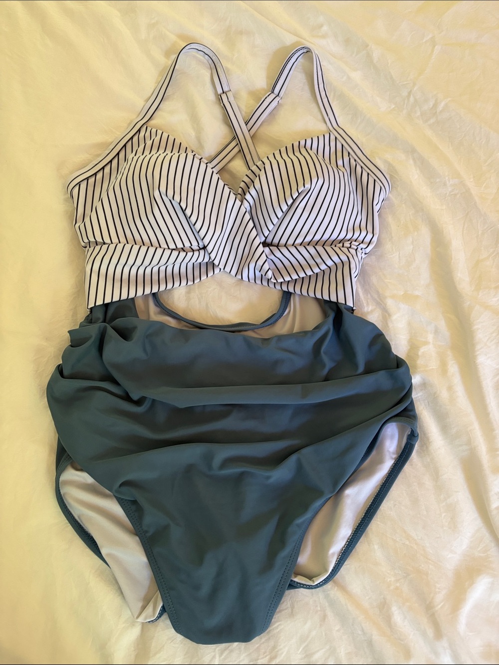 Striped Wrap & Teal Draped One-Piece Swimsuit